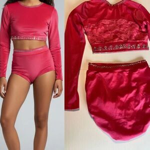 Kelle solo dance custom costume 2 piece hot pink rhinestoned crop top Teen